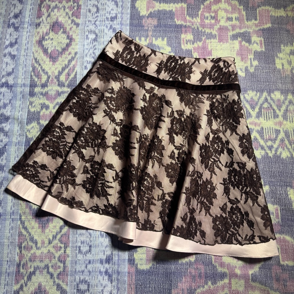 VintageModa International Brown Floral Lace Side Zip A-Line Skirt Women's Size 6